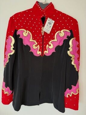 Custom Western Show Jacket with Red, Black & Pink Gold Accents Susan Lunenfeld
